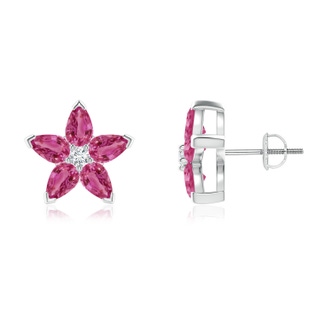 5x3mm AAAA V-Prong Set Pink Sapphire and Diamond Flower Stud Earrings in P950 Platinum