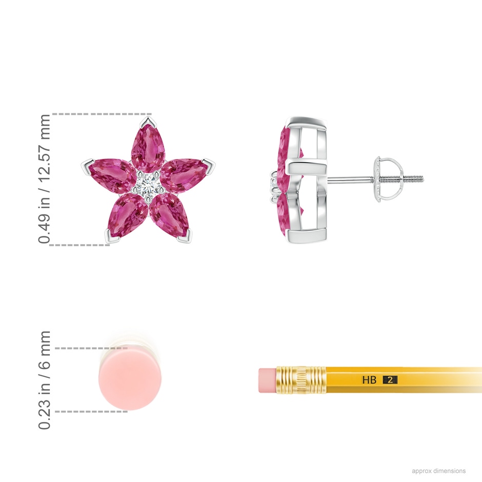 5x3mm AAAA V-Prong Set Pink Sapphire and Diamond Flower Stud Earrings in P950 Platinum ruler