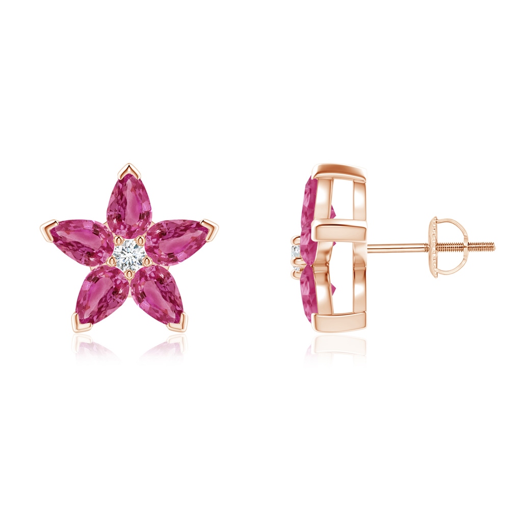 5x3mm AAAA V-Prong Set Pink Sapphire and Diamond Flower Stud Earrings in Rose Gold