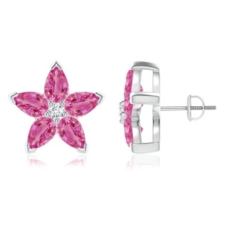 6x4mm AAA V-Prong Set Pink Sapphire and Diamond Flower Stud Earrings in P950 Platinum