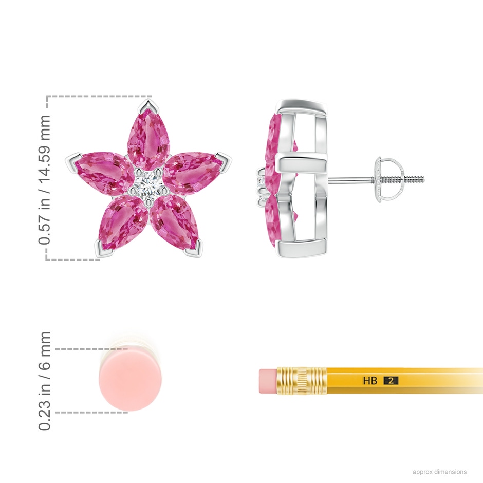 6x4mm AAA V-Prong Set Pink Sapphire and Diamond Flower Stud Earrings in P950 Platinum ruler