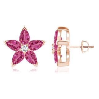 6x4mm AAAA V-Prong Set Pink Sapphire and Diamond Flower Stud Earrings in 9K Rose Gold