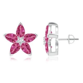 6x4mm AAAA V-Prong Set Pink Sapphire and Diamond Flower Stud Earrings in P950 Platinum