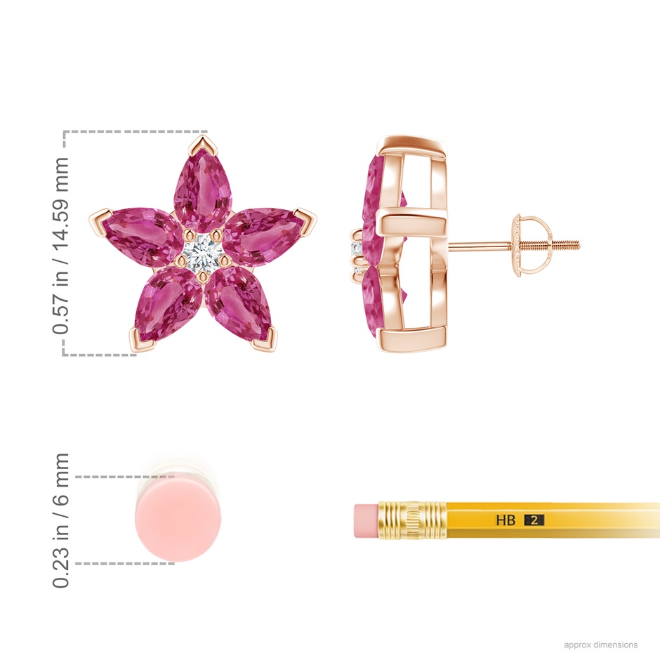 6x4mm AAAA V-Prong Set Pink Sapphire and Diamond Flower Stud Earrings in Rose Gold ruler