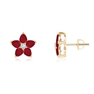 4x3mm AA V-Prong Set Ruby and Diamond Flower Stud Earrings in Yellow Gold