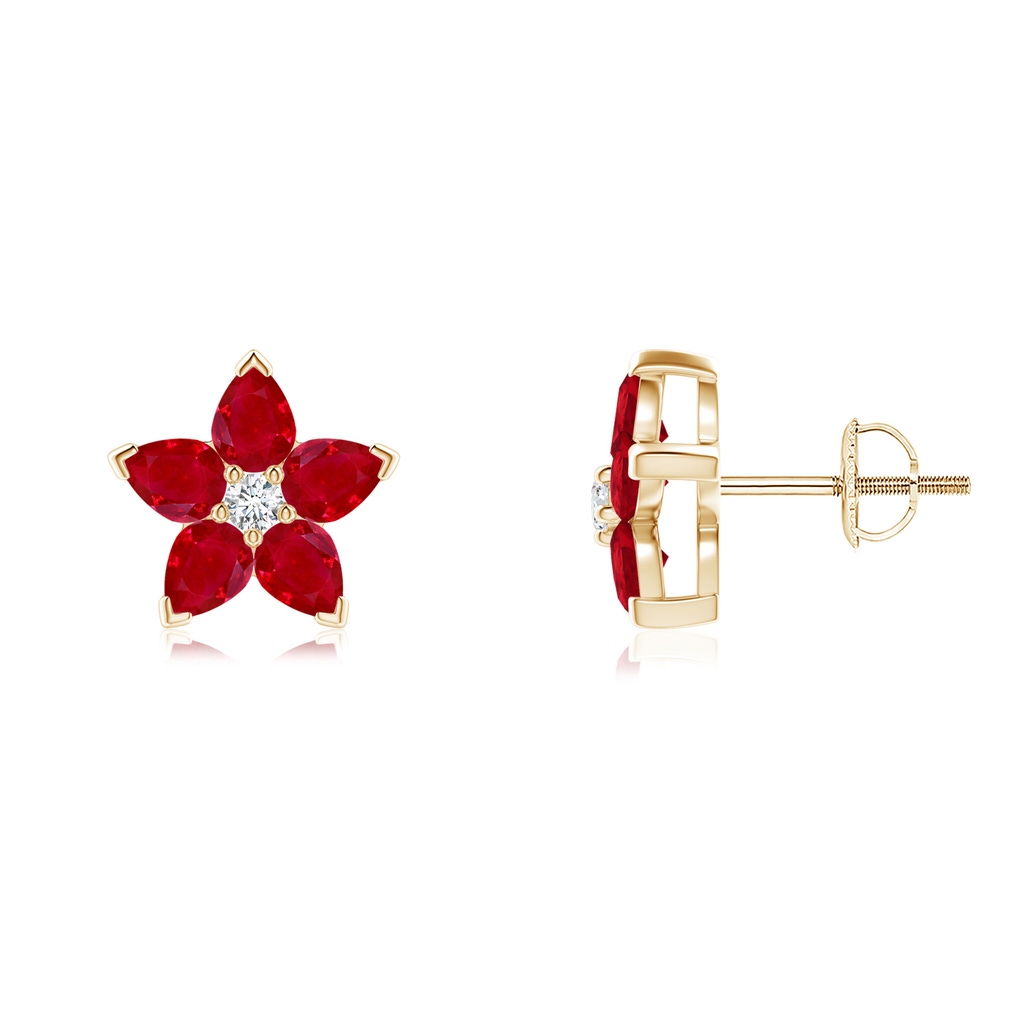 4x3mm AAA V-Prong Set Ruby and Diamond Flower Stud Earrings in 10K Yellow Gold 