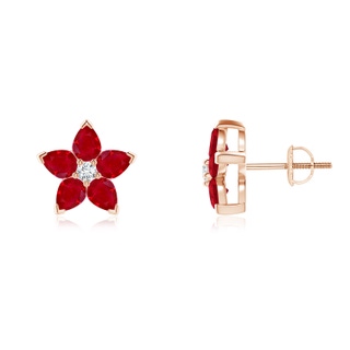 4x3mm AAA V-Prong Set Ruby and Diamond Flower Stud Earrings in Rose Gold