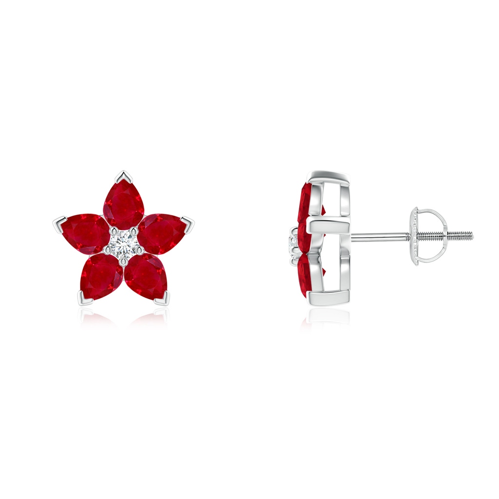 4x3mm AAA V-Prong Set Ruby and Diamond Flower Stud Earrings in White Gold