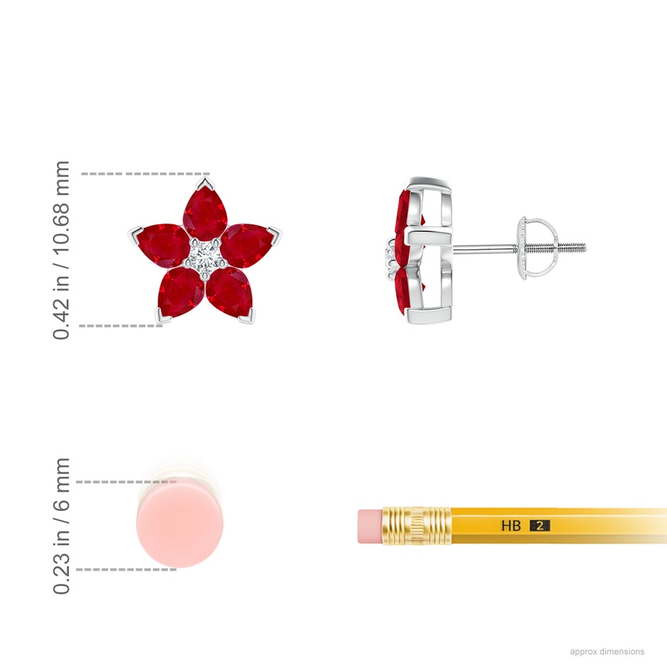 4x3mm AAA V-Prong Set Ruby and Diamond Flower Stud Earrings in White Gold ruler