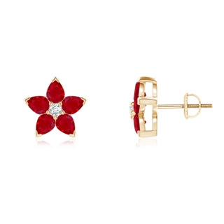 4x3mm AAA V-Prong Set Ruby and Diamond Flower Stud Earrings in Yellow Gold