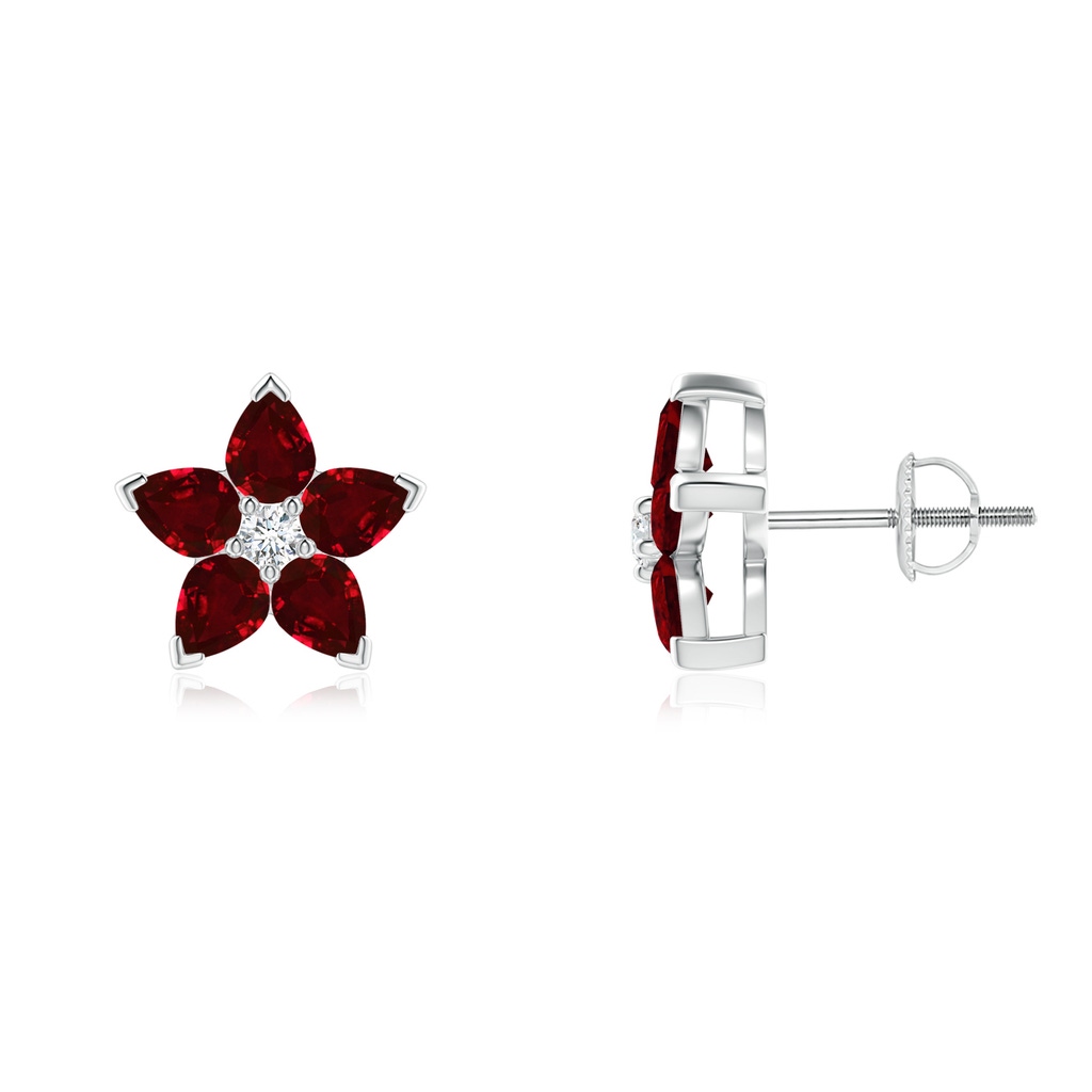 4x3mm AAAA V-Prong Set Ruby and Diamond Flower Stud Earrings in P950 Platinum
