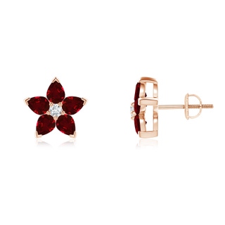 4x3mm AAAA V-Prong Set Ruby and Diamond Flower Stud Earrings in Rose Gold