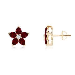 4x3mm AAAA V-Prong Set Ruby and Diamond Flower Stud Earrings in Yellow Gold
