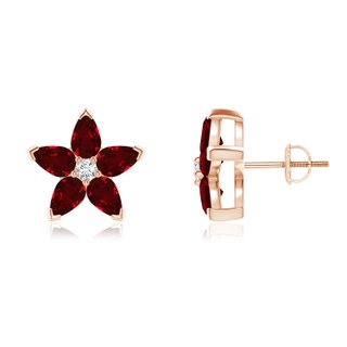 5x3mm AAAA V-Prong Set Ruby and Diamond Flower Stud Earrings in Rose Gold