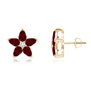 5x3mm AAAA V-Prong Set Ruby and Diamond Flower Stud Earrings in Yellow Gold