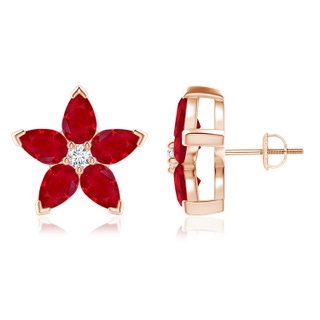 6x4mm AAA V-Prong Set Ruby and Diamond Flower Stud Earrings in Rose Gold