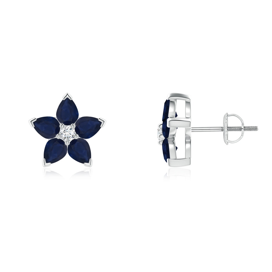 4x3mm A V-Prong Set Sapphire and Diamond Flower Stud Earrings in White Gold 