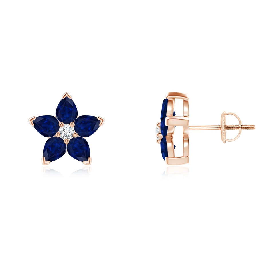 4x3mm AA V-Prong Set Sapphire and Diamond Flower Stud Earrings in Rose Gold 