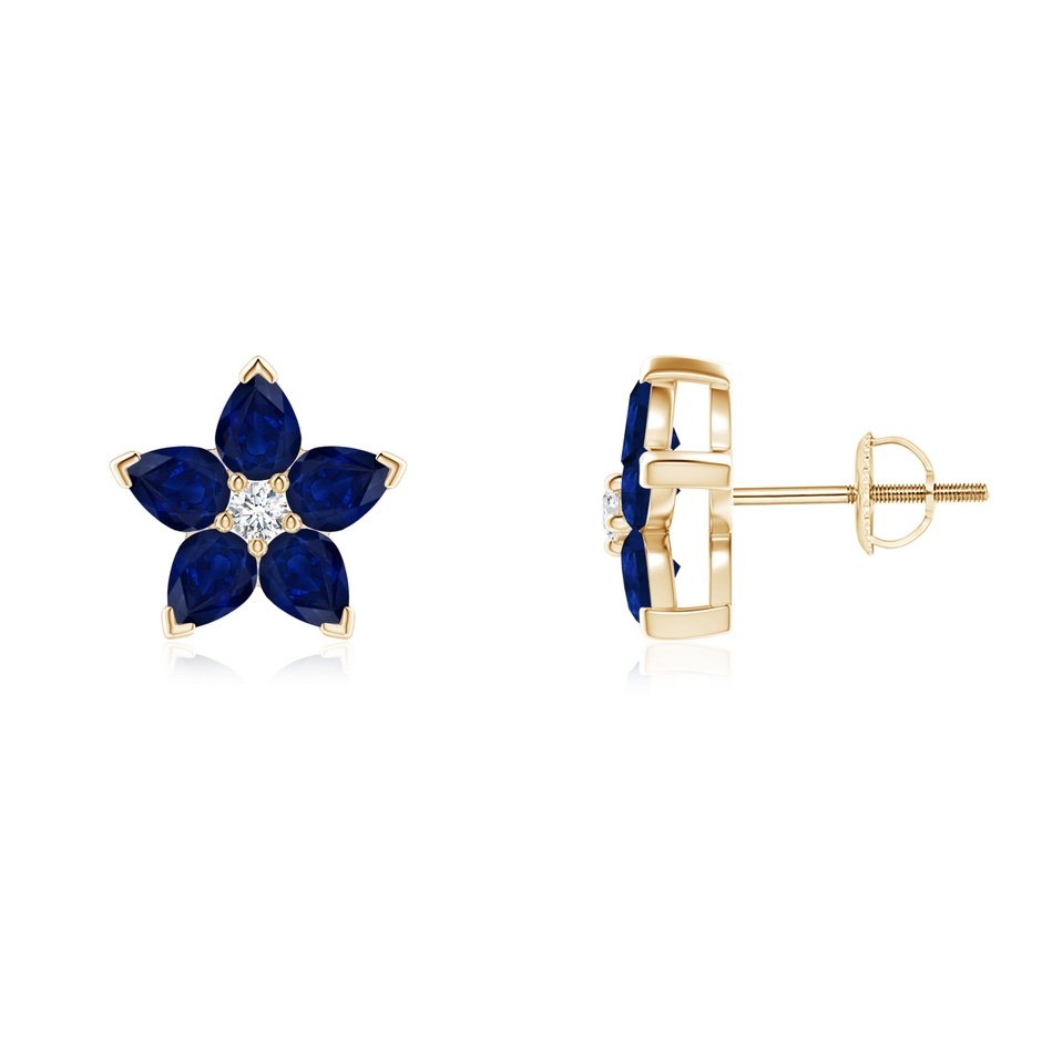 4x3mm AA V-Prong Set Sapphire and Diamond Flower Stud Earrings in Yellow Gold 