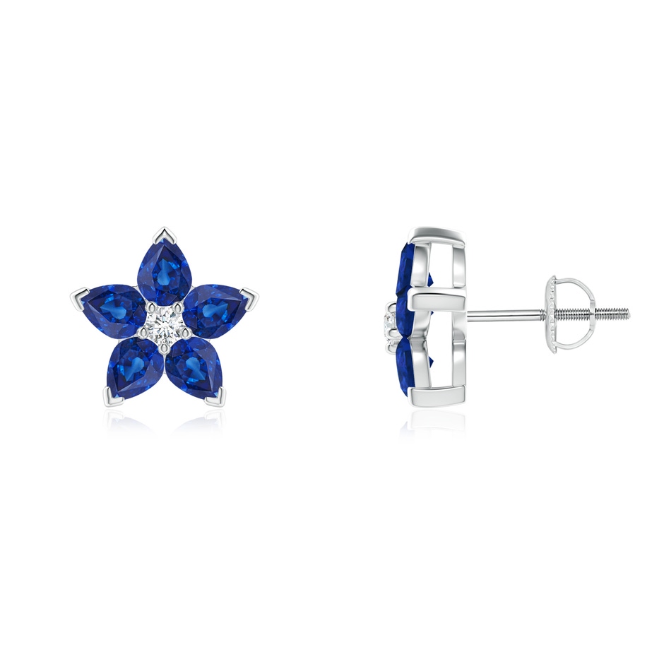 4x3mm AAA V-Prong Set Sapphire and Diamond Flower Stud Earrings in White Gold 