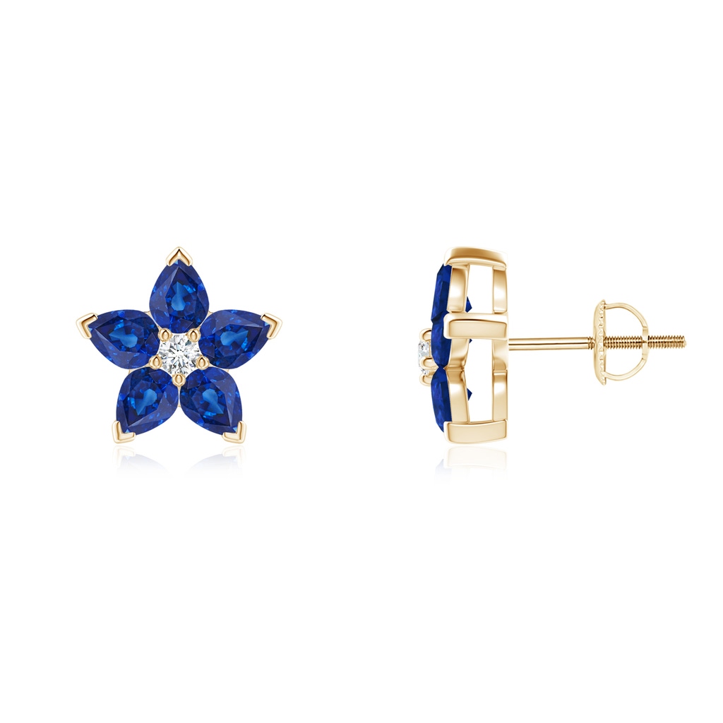 4x3mm AAA V-Prong Set Sapphire and Diamond Flower Stud Earrings in Yellow Gold