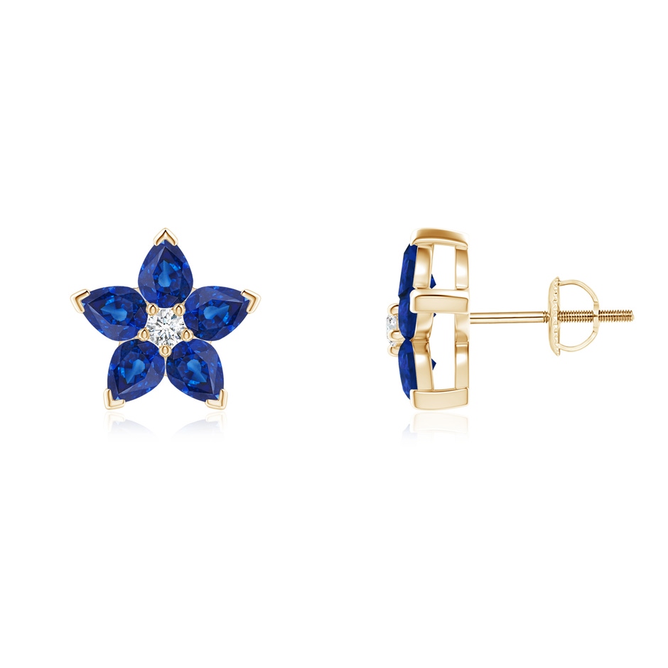 4x3mm AAA V-Prong Set Sapphire and Diamond Flower Stud Earrings in Yellow Gold 