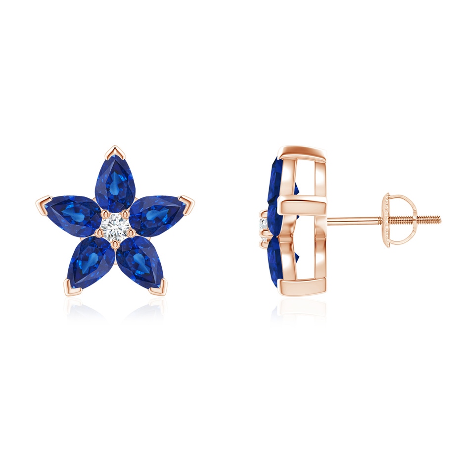 5x3mm AAA V-Prong Set Sapphire and Diamond Flower Stud Earrings in Rose Gold 