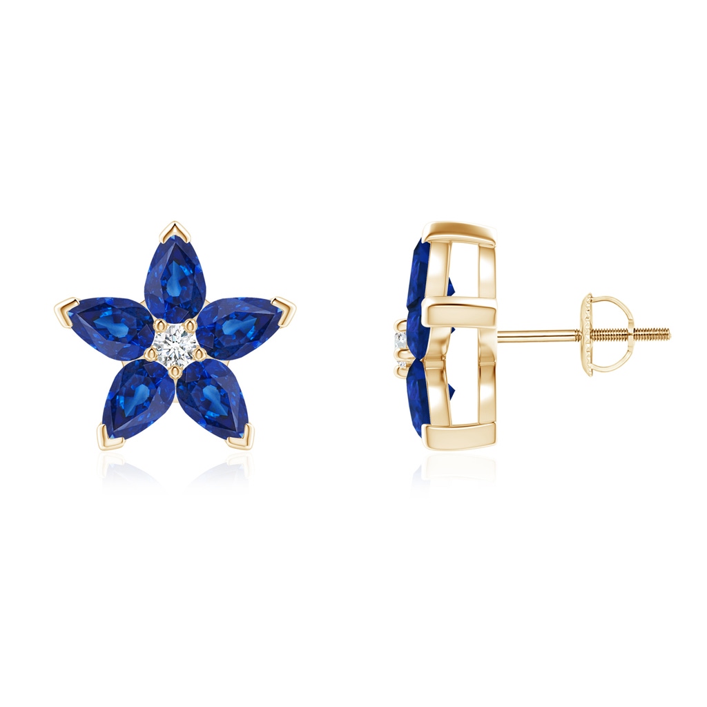 5x3mm AAA V-Prong Set Sapphire and Diamond Flower Stud Earrings in Yellow Gold