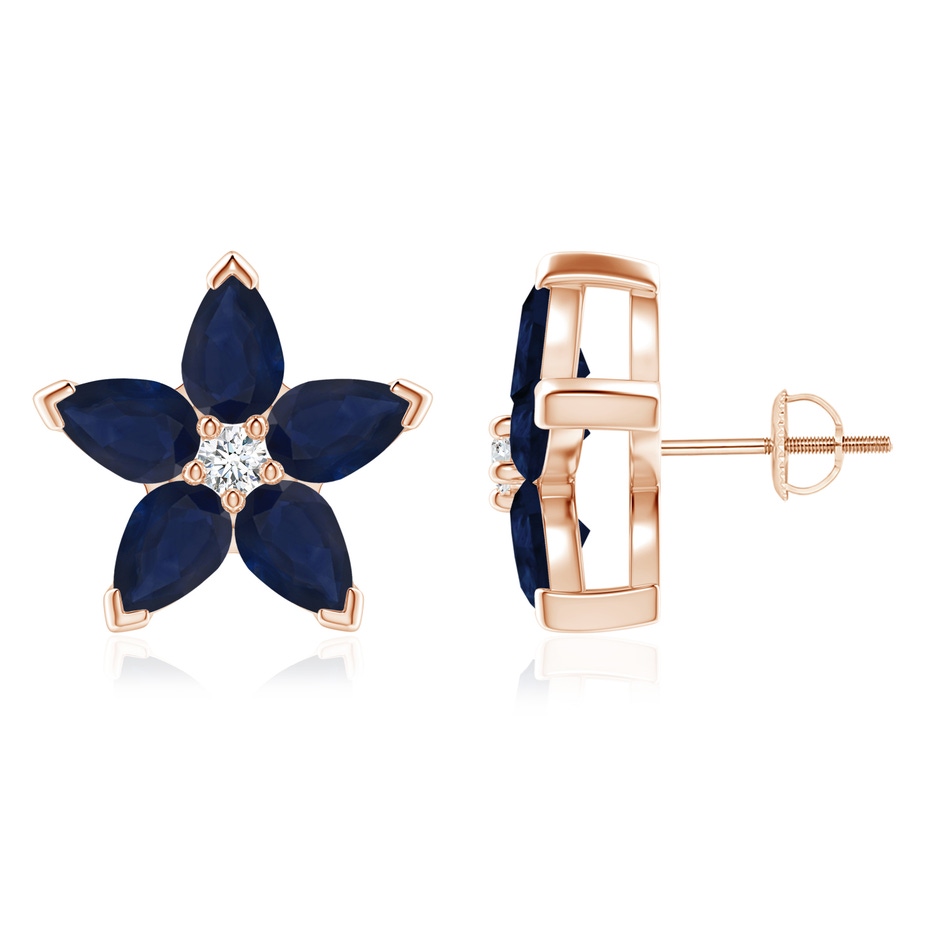 6x4mm A V-Prong Set Sapphire and Diamond Flower Stud Earrings in Rose Gold 