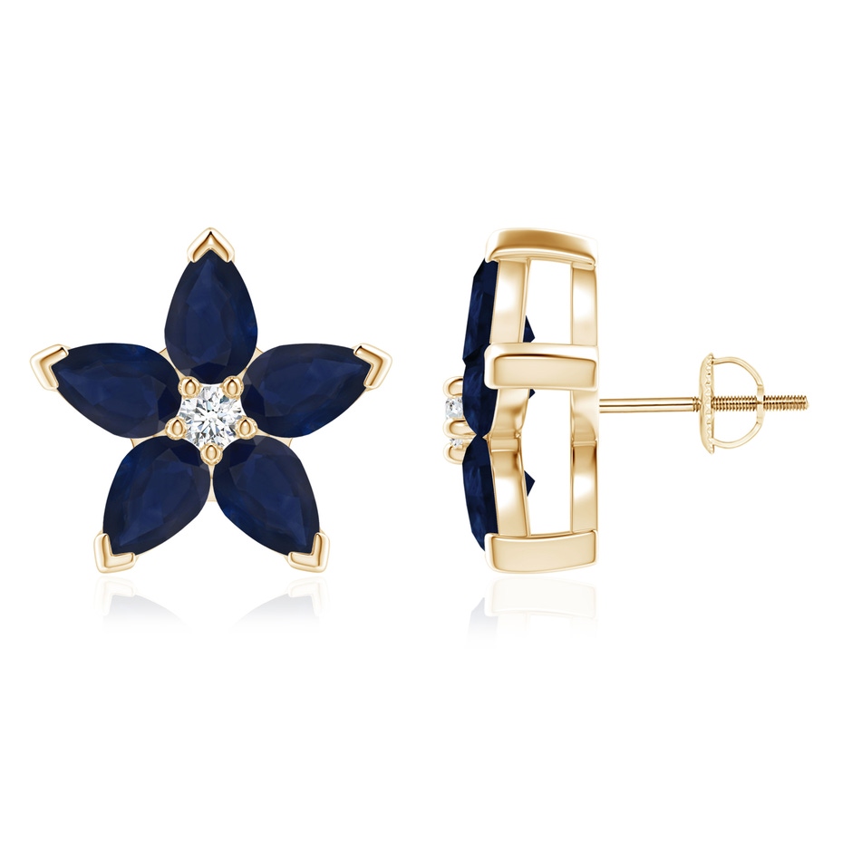 6x4mm A V-Prong Set Sapphire and Diamond Flower Stud Earrings in Yellow Gold 