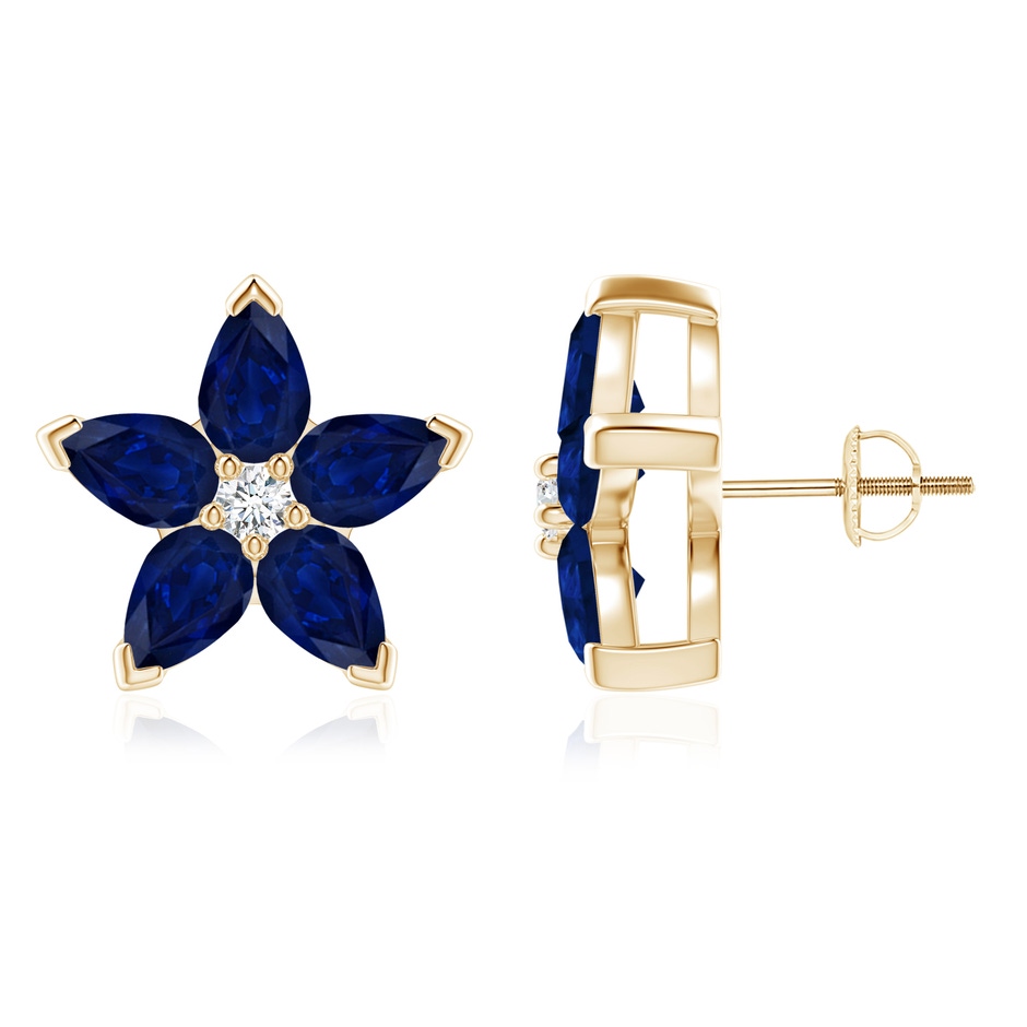 6x4mm AA V-Prong Set Sapphire and Diamond Flower Stud Earrings in Yellow Gold 