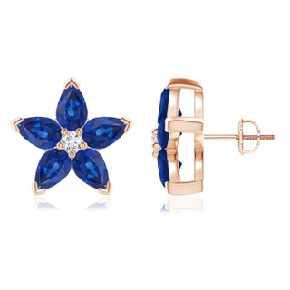 6x4mm AAA V-Prong Set Sapphire and Diamond Flower Stud Earrings in 9K Rose Gold