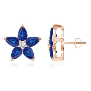 6x4mm AAA V-Prong Set Sapphire and Diamond Flower Stud Earrings in Rose Gold