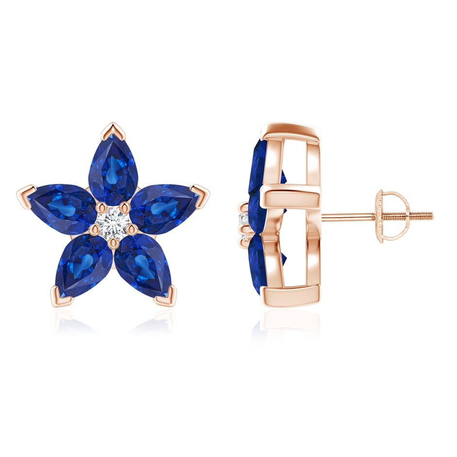 6x4mm AAA V-Prong Set Sapphire and Diamond Flower Stud Earrings in Rose Gold 