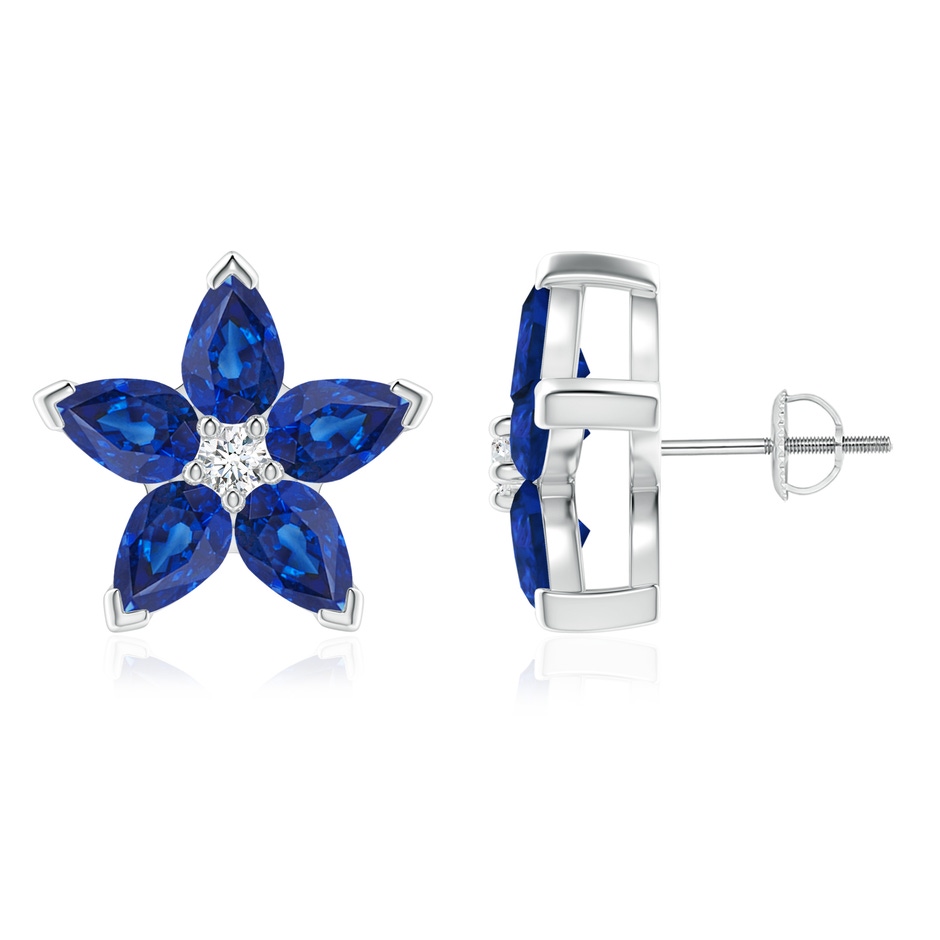 6x4mm AAA V-Prong Set Sapphire and Diamond Flower Stud Earrings in White Gold 