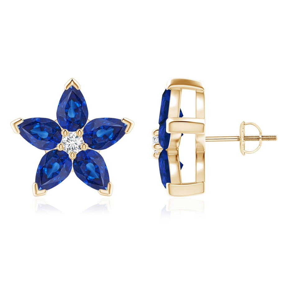 6x4mm AAA V-Prong Set Sapphire and Diamond Flower Stud Earrings in Yellow Gold 