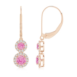 4mm A Two Tier Pink Sapphire Leverback Earrings with Diamond Halo in Rose Gold