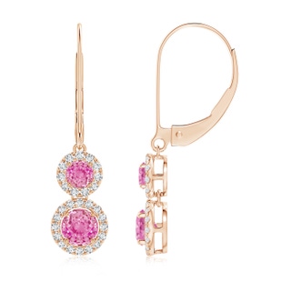 4mm AA Two Tier Pink Sapphire Leverback Earrings with Diamond Halo in Rose Gold