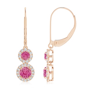4mm AAA Two Tier Pink Sapphire Leverback Earrings with Diamond Halo in Rose Gold