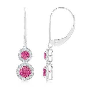 4mm AAA Two Tier Pink Sapphire Leverback Earrings with Diamond Halo in White Gold