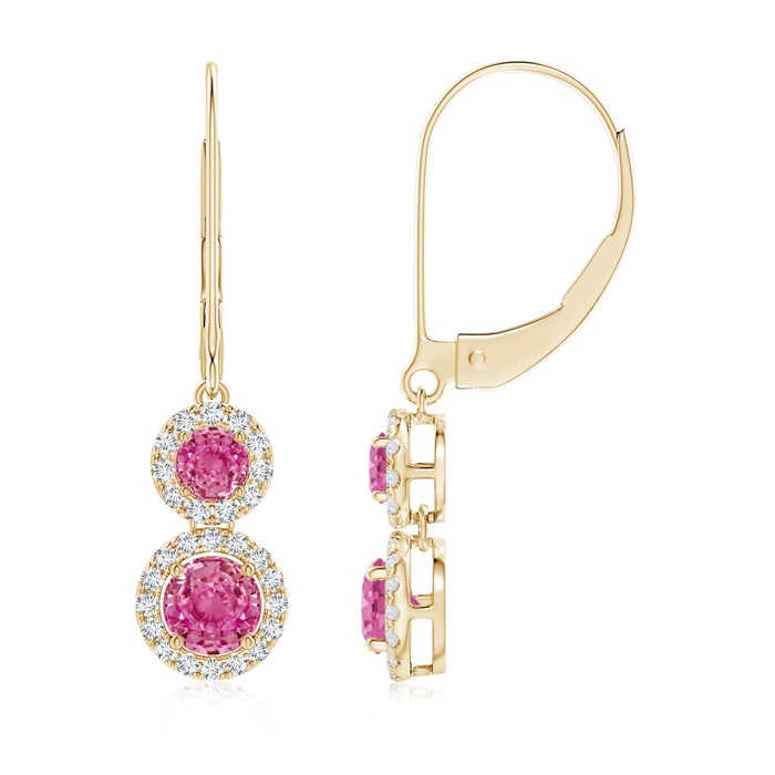 4mm AAA Two Tier Pink Sapphire Leverback Earrings with Diamond Halo in Yellow Gold 