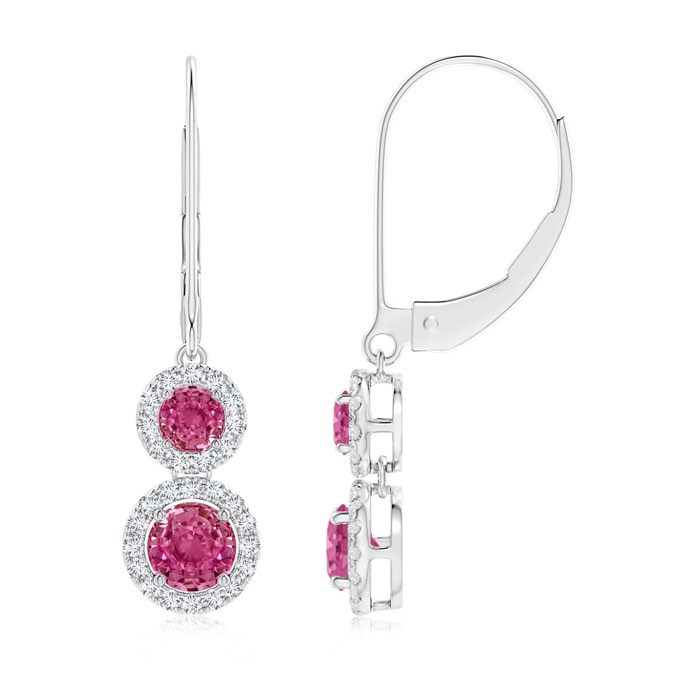 4mm AAAA Two Tier Pink Sapphire Leverback Earrings with Diamond Halo in P950 Platinum 
