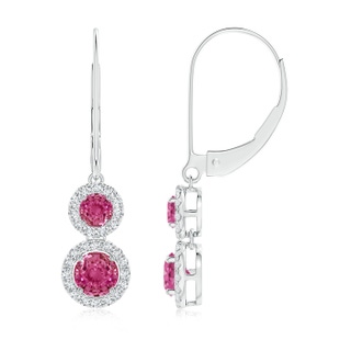 4mm AAAA Two Tier Pink Sapphire Leverback Earrings with Diamond Halo in White Gold