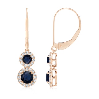 4mm A Two Tier Blue Sapphire Leverback Earrings with Diamond Halo in Rose Gold