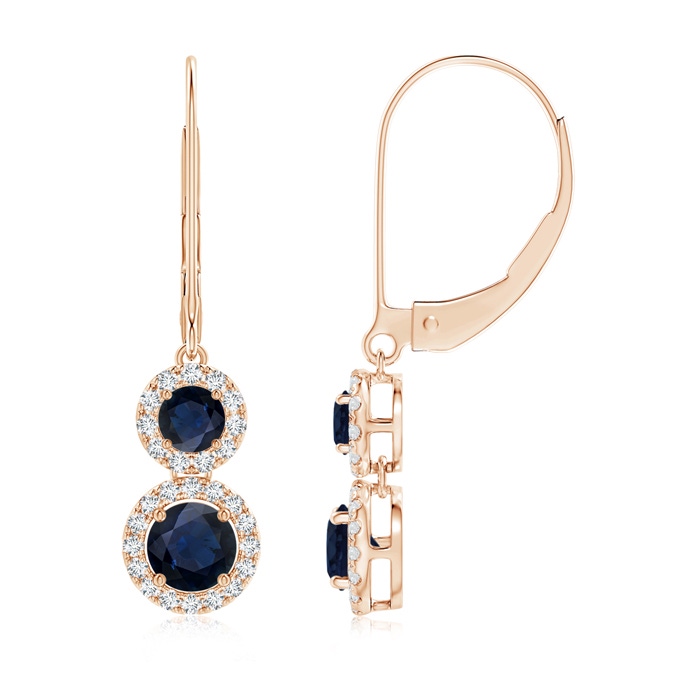 4mm A Two Tier Blue Sapphire Leverback Earrings with Diamond Halo in Rose Gold 