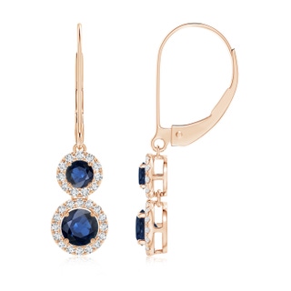 4mm AA Two Tier Blue Sapphire Leverback Earrings with Diamond Halo in Rose Gold