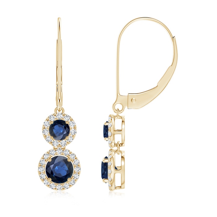 4mm AA Two Tier Blue Sapphire Leverback Earrings with Diamond Halo in Yellow Gold 