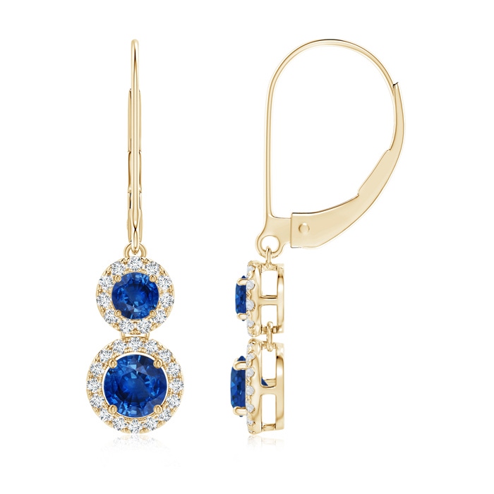 4mm AAA Two Tier Blue Sapphire Leverback Earrings with Diamond Halo in Yellow Gold 