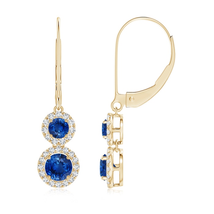 4mm AAA Two Tier Blue Sapphire Leverback Earrings with Diamond Halo in Yellow Gold