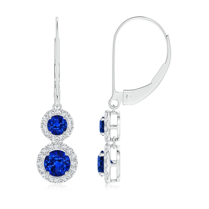 4mm AAAA Two Tier Blue Sapphire Leverback Earrings with Diamond Halo in White Gold